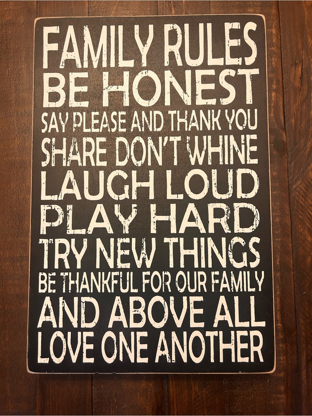 Family Rules Wall Sign - Black and White Distressed Letters. Home Wall Decor